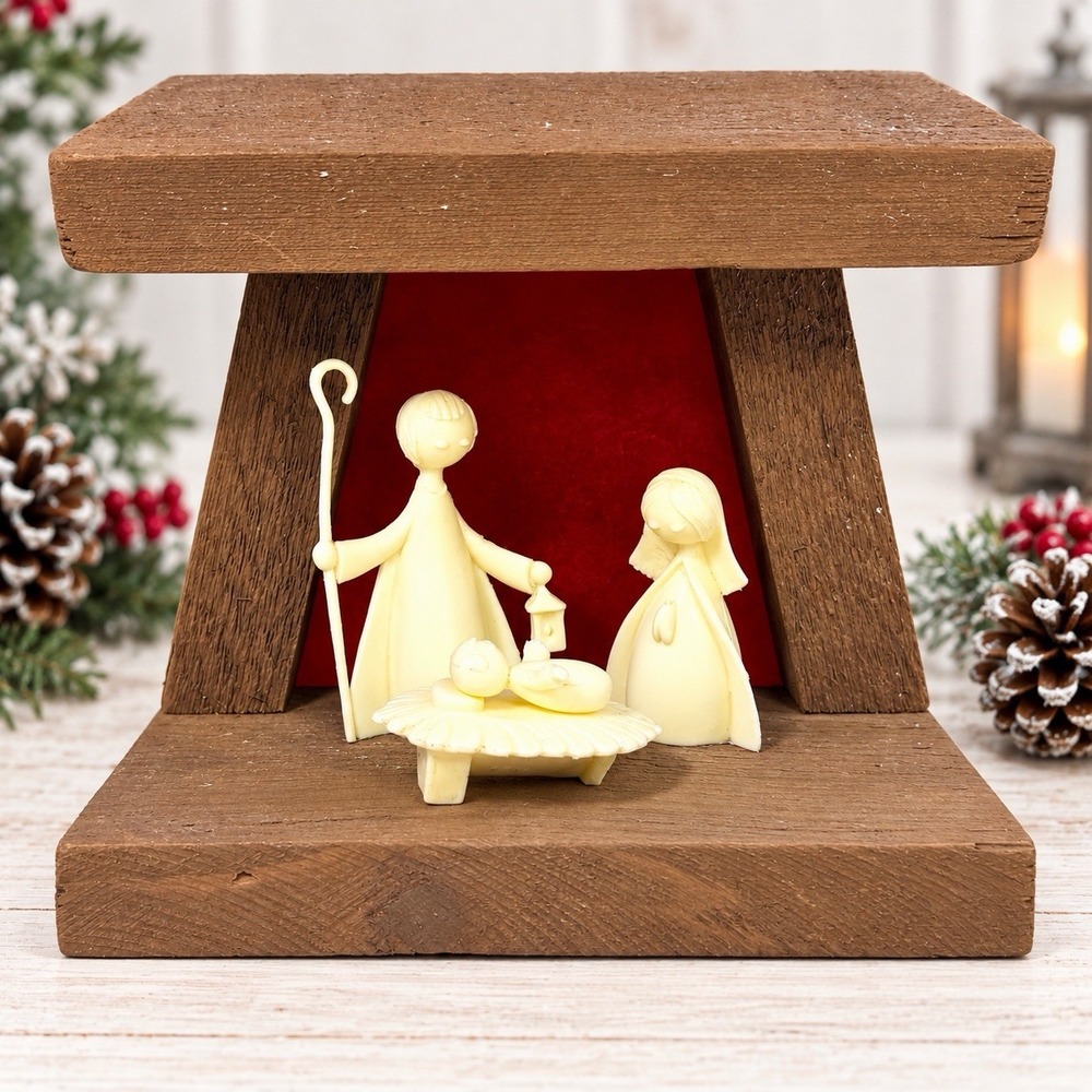 VTG 1960s Italy MCM Nativity Holy Family Wood Stable Red Lucite Christmas Creche